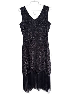 Women’s Black Flapper Old Hollywood Sequined Fringe Hem Cocktail Dress Small